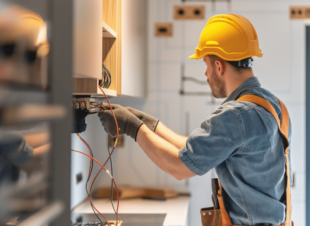Professionella elinstallationer med fokus på säkerhet – Åsa Elkoncept Elektriker med skyddshjälm och handskar installerar elledningar i ett kök under renovering.