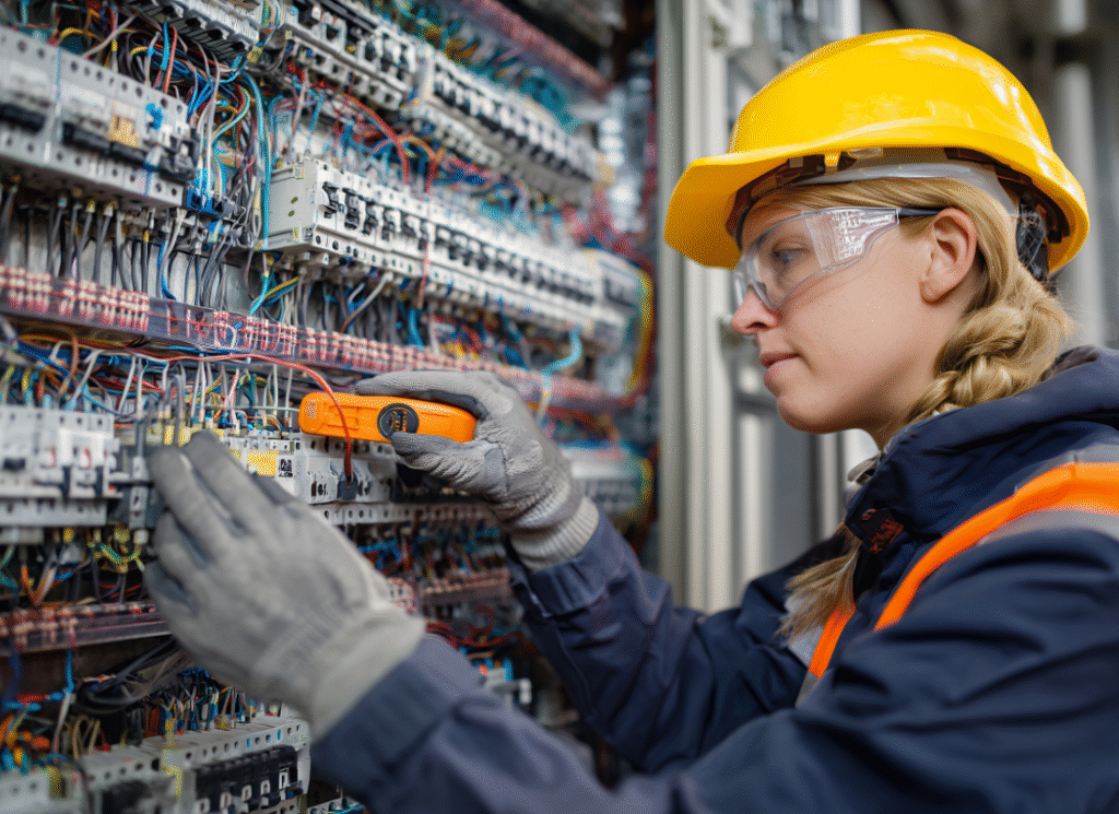 Noggrannhet och kvalitet i varje koppling – Åsa Elkoncept Elektriker med hjälm och skyddsglasögon testar kopplingar i ett avancerat el- och nätverksskåp.