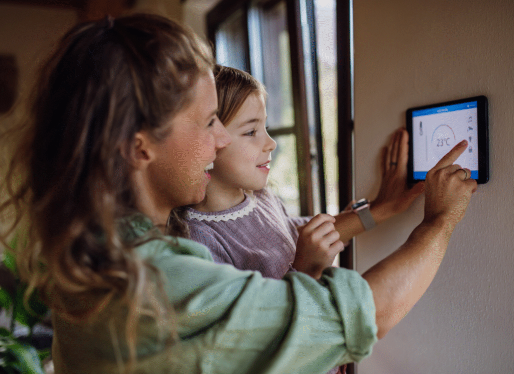 Smarta el-lösningar för hela familjen – Åsa Elkoncept Vuxen och barn justerar temperaturen på en väggmonterad smart panel i hemmet.
