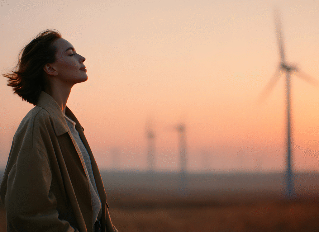 Framtidens energi med omtanke – Åsa Elkoncept Person står i solnedgång och blickar ut över fält med vindkraftverk, symbol för hållbar energi och framtidstro.